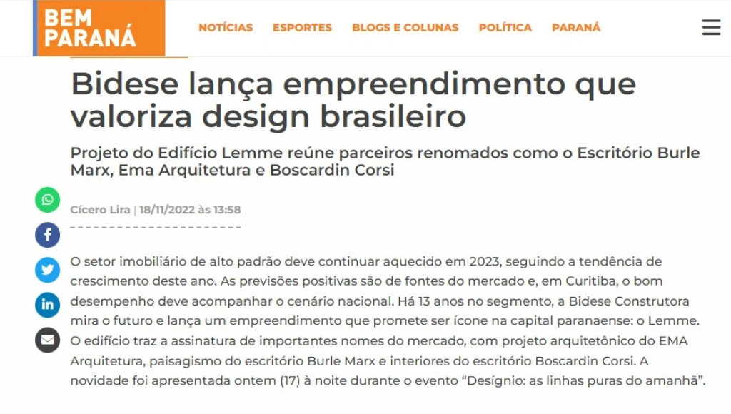 Bem Paraná: Bidese lança empreendimento que valoriza design brasileiro