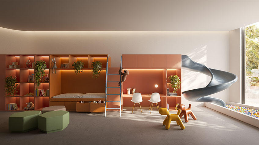 Quarto infantil de apartamento do Lemme com móveis assinados