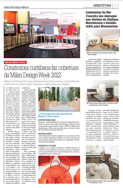 Diário Indústria e Comércio: Construtora curitibana faz cobertura da Milan Design Week 2022