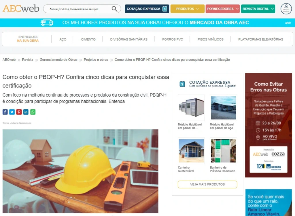 AECweb - "Como obter o PBQP-H? Confira cinco dicas para conquistar essa certificação"