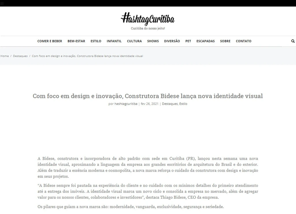 Hashtag Curitiba - "Com foco em design e inovação, Construtora Bidese lança nova identidade visual"