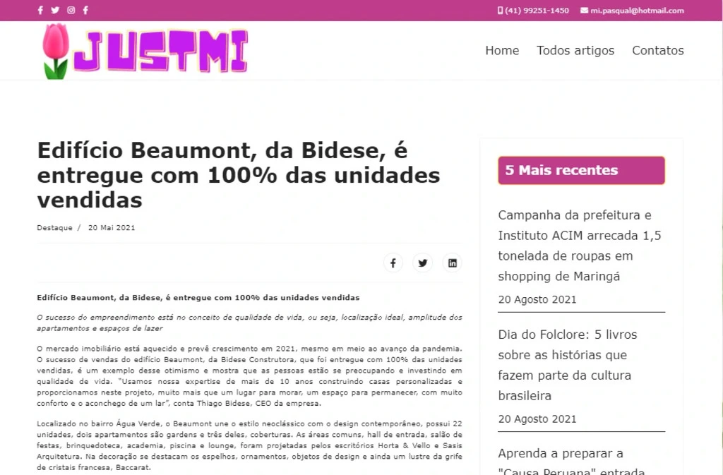 JustMi - "Edifício Beaumont, da Bidese, é entregue com 100% das unidades vendidas"