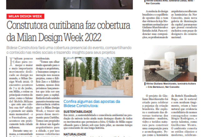 Diário Indústria e Comércio: Construtora curitibana faz cobertura da Milan Design Week 2022